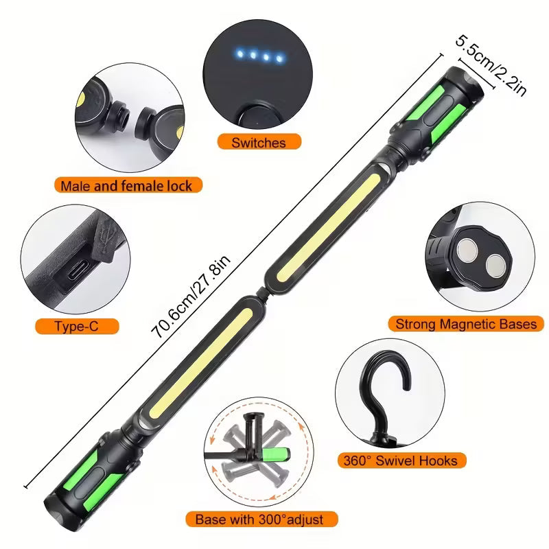 Uppladdningsbar LED Inspektionslampa 2400 lm – Magnetisk, USB-C, 3 Lägen